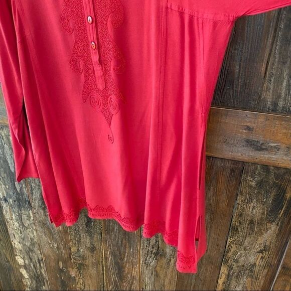 Fabulous Tomato Red Henley BOHO Relaxed Oversized Embroidered Long Sleeve Tunic - Picture 11 of 12